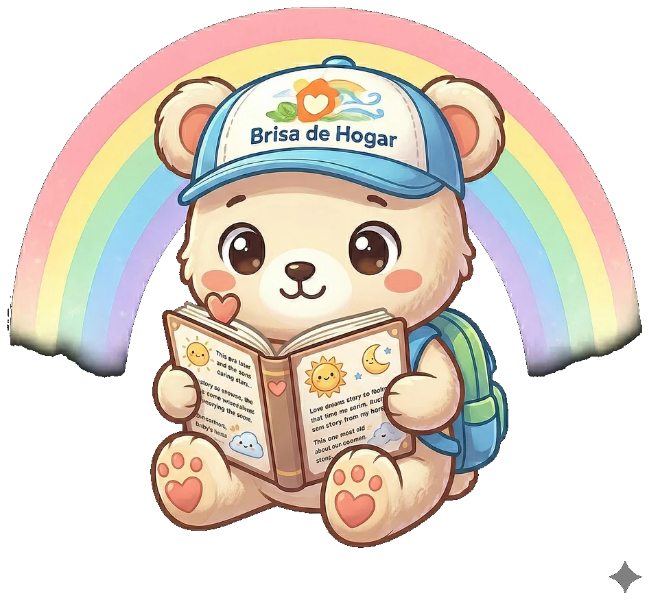 Mascota Brisa de Hogar leyendo testimonios de padres