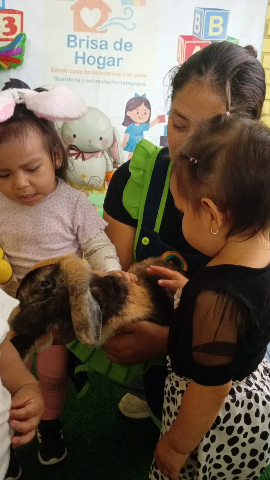 Educadora sosteniendo a dos bebés mientras acarician un conejo — actividad de Pascua en guardería Brisa de Hogar